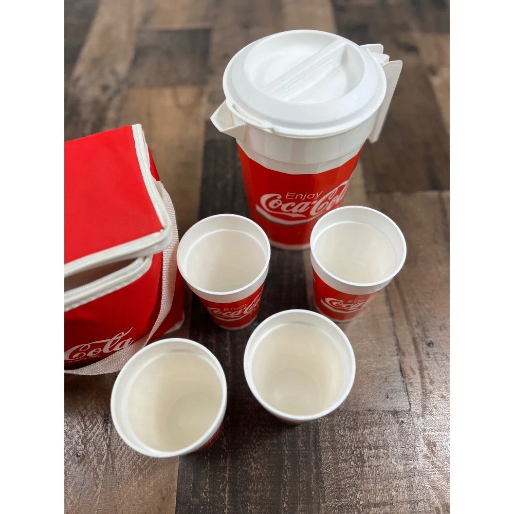 Vintage Coca-Cola Picnic Set Insulated Cooler Bag Pitcher and 4 Cups Red White